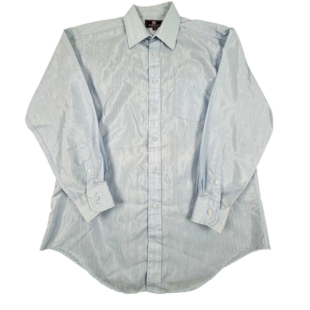 Givenchy Dress Shirt Men 16 Light Blue Monogram Logo Jacquard Stripe Long Sleeve